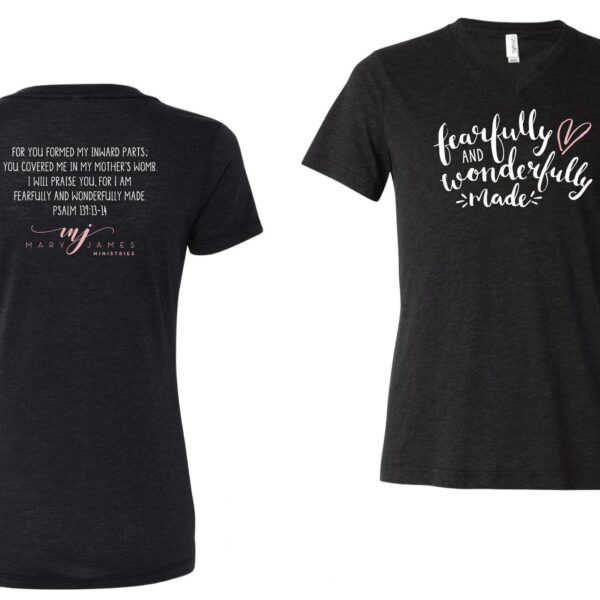 FEARFULLY AND WONDERFULLY MADE Women's V-Neck Tee (Charcoal)